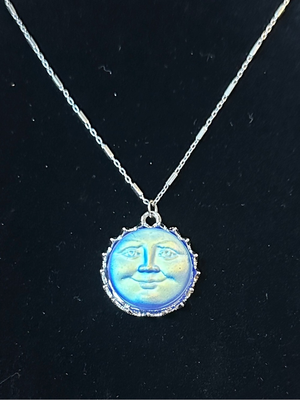 Handmade Necklace with Blue/Yellow Irradescent Sun Face Pendant